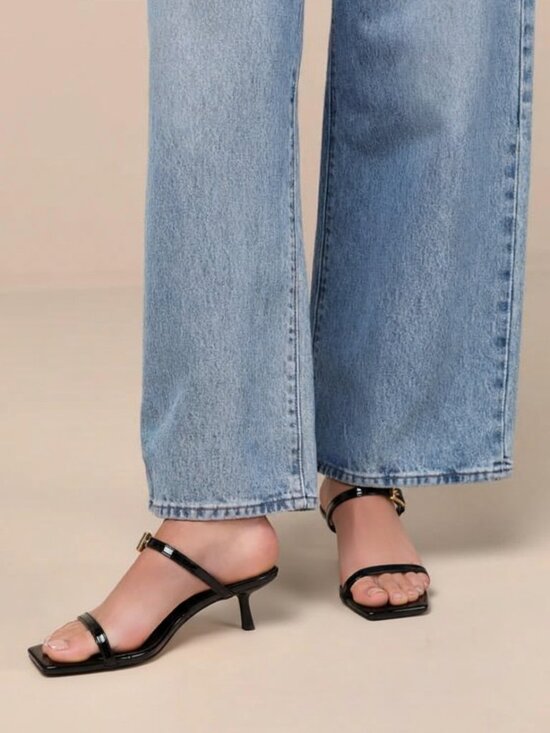 Chase + Chloe Shoes - Women’s Patent Kitten Heel Sandals – Square Toe Slide Heels w/ Statement Buckle